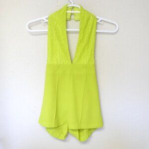 Fashion nova neon lime green lace deep v backless short romper size petite XXS